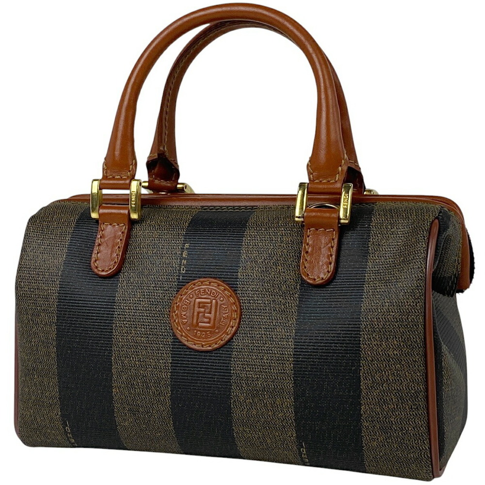 Fendi Pequin Handbag Boston Canvas Brown